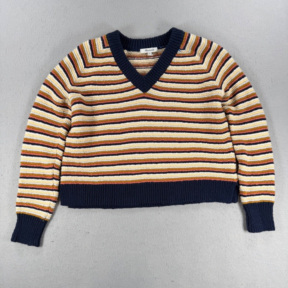 Madewell Womens XS Striped V-Neck Sweater Navy Rust Ochre Multi Cotton Knit